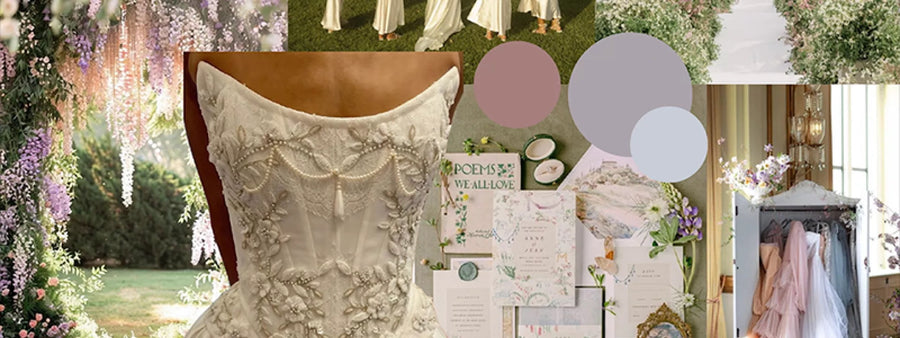 Collage of wedding dress, flowers, and related items with a blurred background
