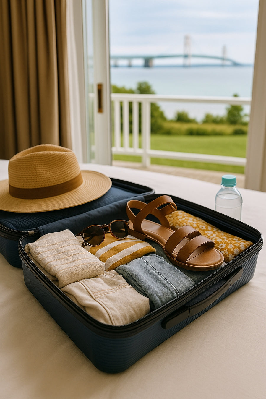 Open suitcase with travel items on a bed with a scenic view outside