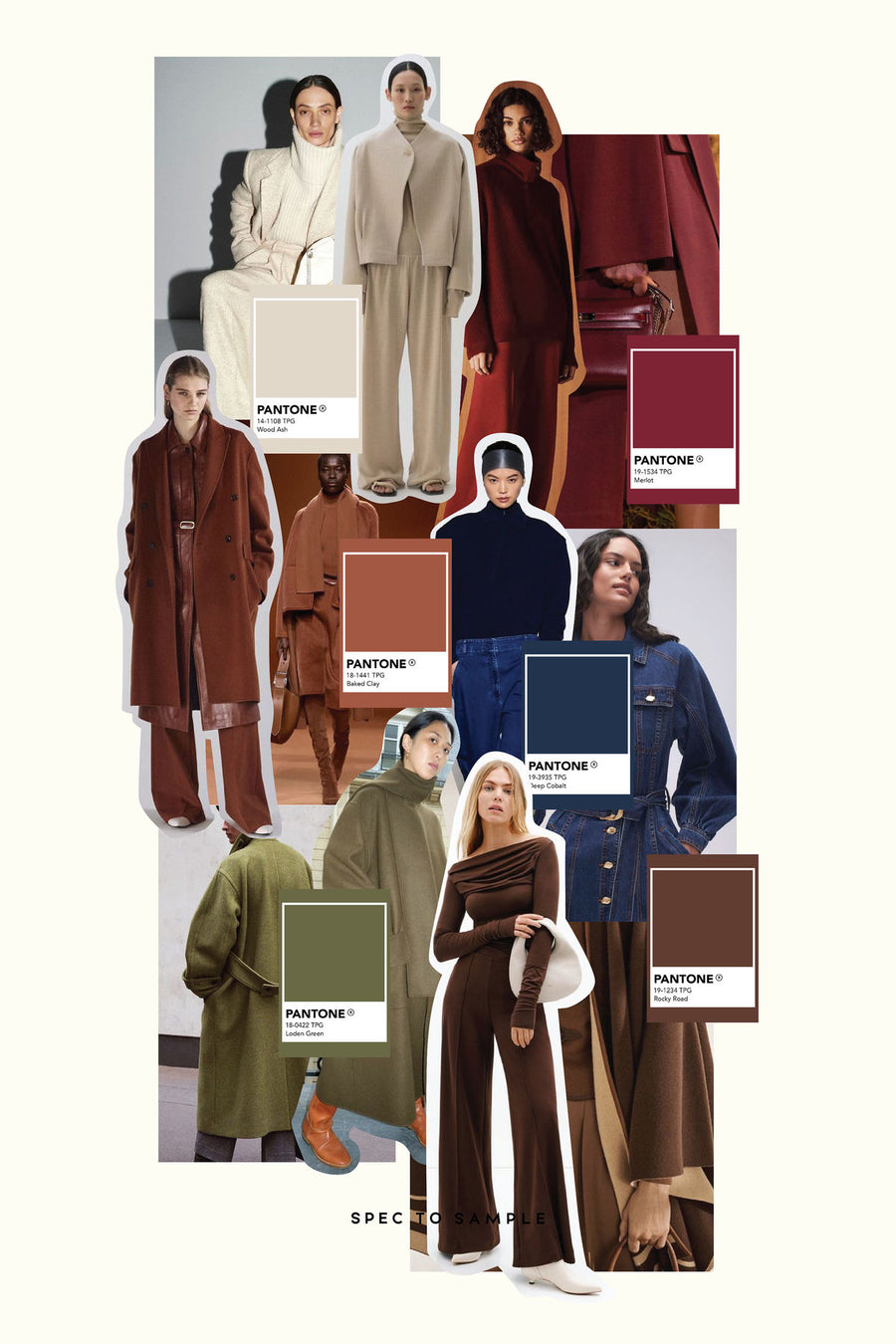 Collage of people wearing outfits with Pantone color swatches